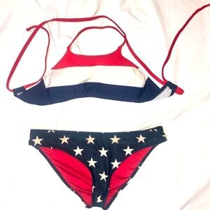 F21 navy blue bikini bottoms with white stars and red white and blue bikini top